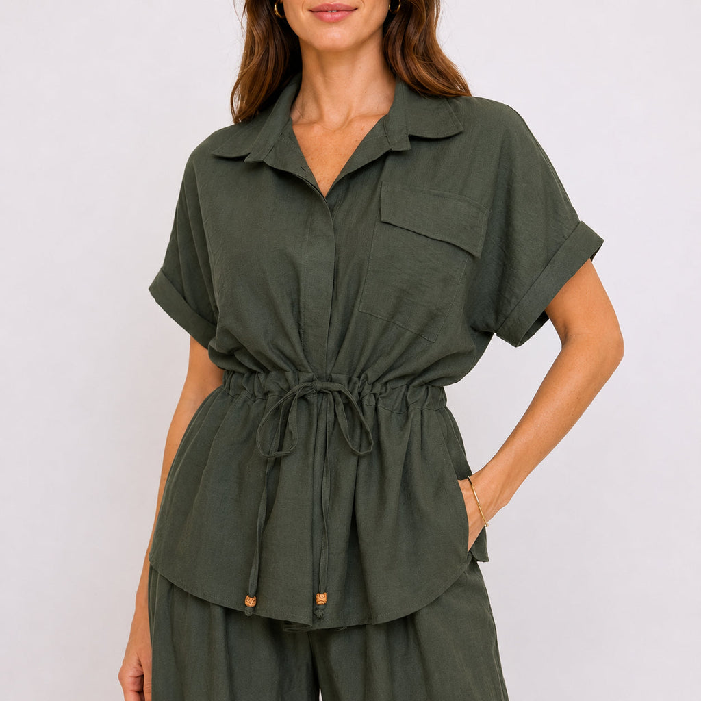[2026] Capri, Ensemble Chemise et Pantalon Coordonné Avec Cordon de Serrage à la Taille