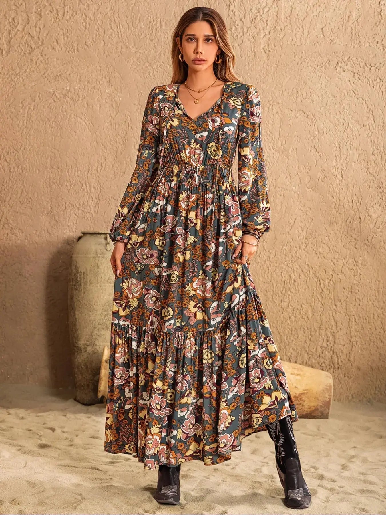 Robe bohème à imprimé floral pour femme, manches lanternes, taille ajustée à nouer, coupe ample confortable à manches longues pour l'automne et l'hiver