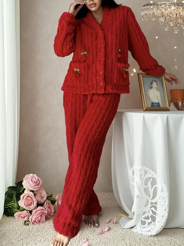 Ensemble de détente doux avec décorations de cerises pour femme, ensemble élégant et décontracté haut à manches longues et pantalon, vêtements de nuit pour femme pour l'automne et l'hiver, pyjama