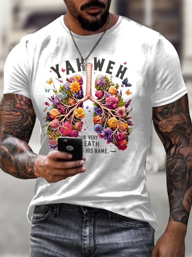 Men's Casual Short-Sleeve T-Shirt: "Every Breath Connected to Faith" Lung Cancer Awareness Print