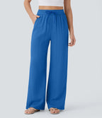 Pantalon ample taille haute en lin avec cordon de serrage et grandes poches