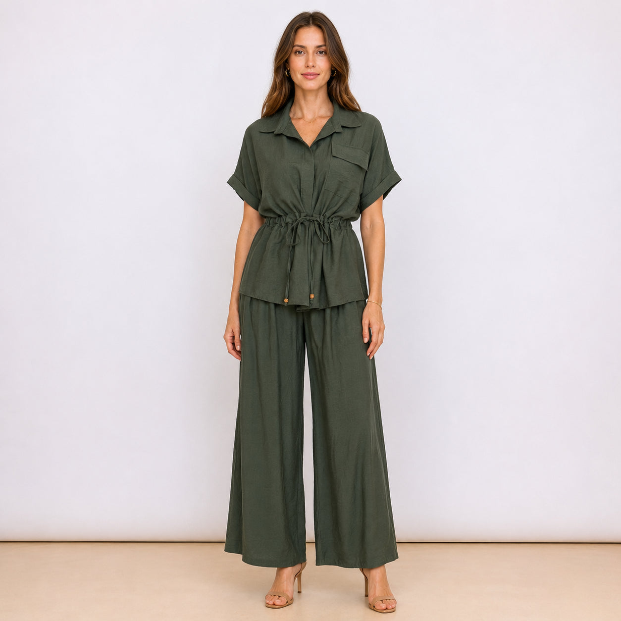[2026] Capri, Ensemble Chemise et Pantalon Coordonné Avec Cordon de Serrage à la Taille