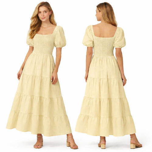 Longue robe smockée pour femme, manches bouffantes, coupe fluide à volants, style élégant pour l'été.