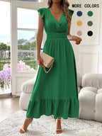 Women's Plain Shirred V Neck Fitted Dress, Elegant Chic Fashion Casual Long Dress for Daily Outdoor Wear, Women's Dress for Summer