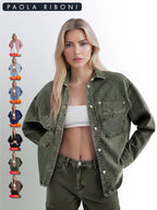Veste en jean unie pour femme avec boutonnage sur le devant, épaules tombantes et ourlet incurvé, vêtement décontracté à manches longues avec poches et col, idéal pour le quotidien, vêtement pour femme toutes saisons