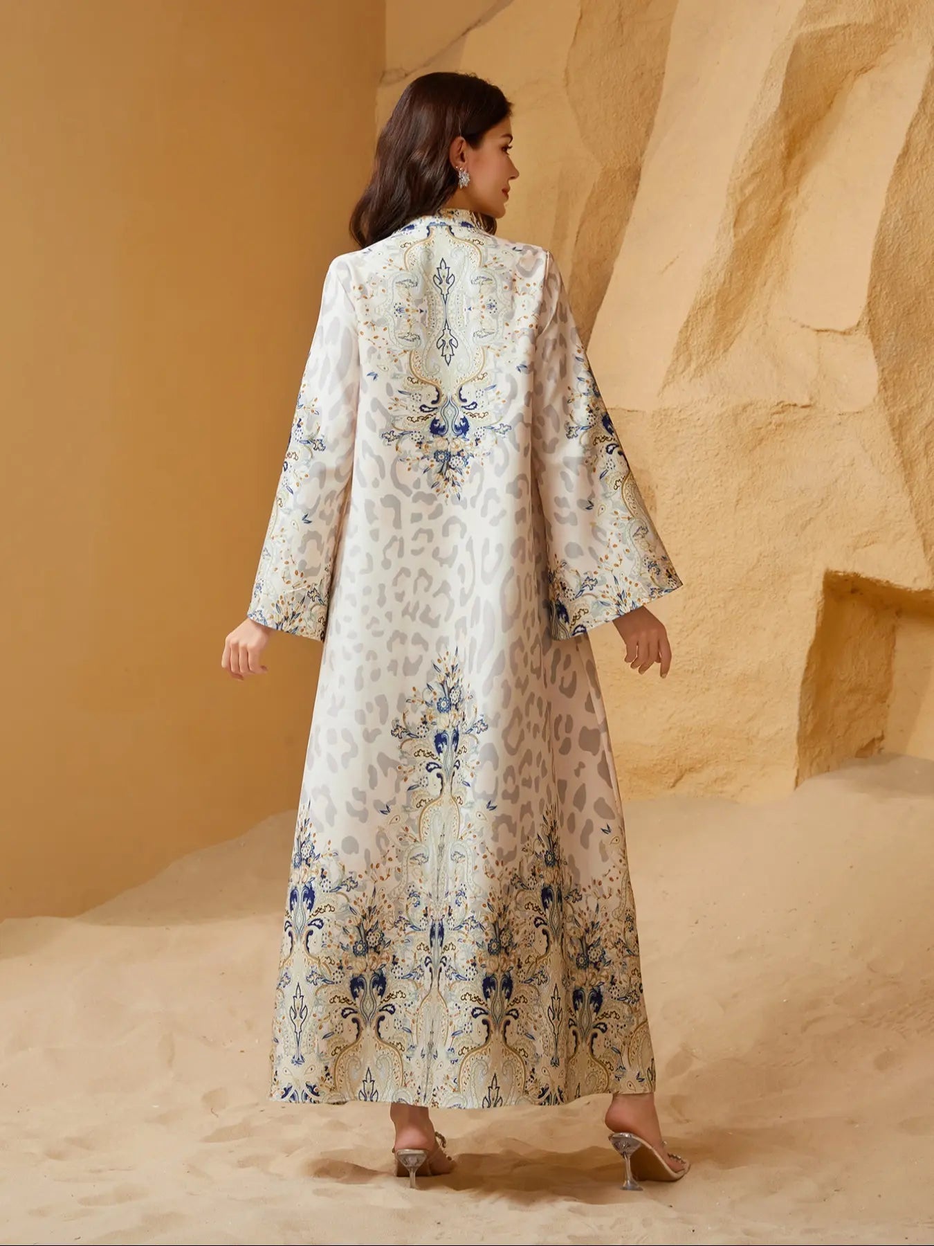 Abito lungo tradizionale da donna con motivo etnico e decorazioni in perle finte, abito lungo boho a maniche lunghe con scollo rotondo per vacanze, cerimonie, matrimoni, abbigliamento musulmano da donna per tutte le stagioni
