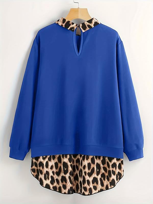 [Grande Taille] Sweat-shirt léopard à ourlet incurvé, sweat-shirt décontracté à manches longues pour l'automne et l'hiver, vêtements pour femmes pour un usage quotidien
