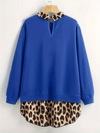 [Grande Taille] Sweat-shirt léopard à ourlet incurvé, sweat-shirt décontracté à manches longues pour l'automne et l'hiver, vêtements pour femmes pour un usage quotidien