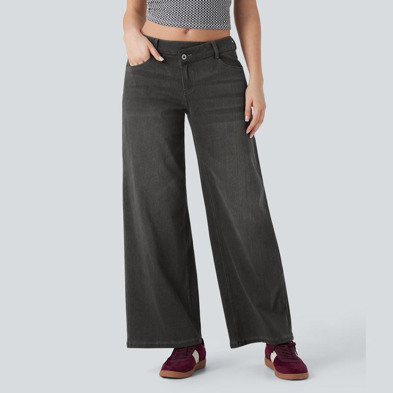 Jeans casual asimmetrici a vita bassa con tasche con cerniera, taglio ampio e slavato