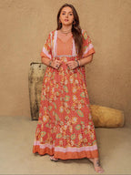 Robe longue grande taille à imprimé floral patchwork avec cravate, dentelle contrastante et ourlet à volants, robe chasuble bohème à manches papillon, vêtements d'été pour femmes pour les vacances
