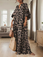 Abito lungo da donna casual boho con stampa leopardata all-over, abito lungo da strada per le vacanze, vestiti da donna per l'uso quotidiano