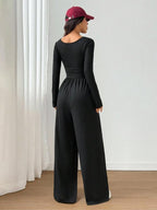 Combinaison Femme Automne Hiver en Tricot à Jambes Larges, Combinaison Décontractée Unie à Col Rond, Combinaison Polyvalente à Manches Longues