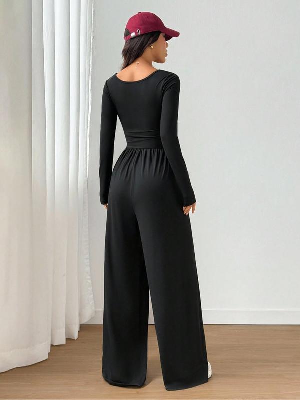 Combinaison Femme Automne Hiver en Tricot à Jambes Larges, Combinaison Décontractée Unie à Col Rond, Combinaison Polyvalente à Manches Longues