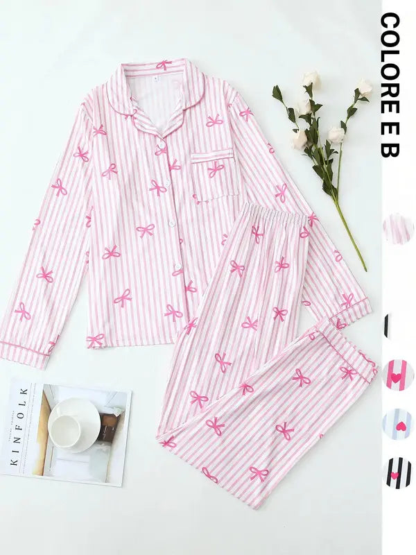 Ensemble deux pièces pour femme, pyjama avec chemise et pantalon imprimé nœuds, décontracté et confortable, haut à manches longues et col à revers avec pantalon, vêtements de nuit pour femme pour le printemps et l'automne