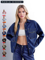 Veste en jean unie pour femme avec boutonnage sur le devant, épaules tombantes et ourlet incurvé, vêtement décontracté à manches longues avec poches et col, idéal pour le quotidien, vêtement pour femme toutes saisons