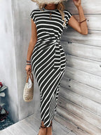 Vestito da donna a tinta unita / a righe / stampato con nodo e maniche a pipistrello, vestito lungo casual a maniche corte con scollo rotondo, abbigliamento da donna per le vacanze al mare