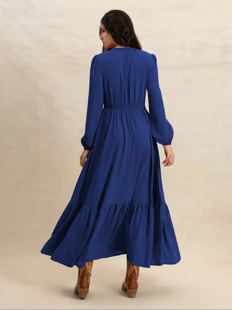Robe unie à col en V et manches longues pour femme, robe tissée décontractée ajustée pour toutes les saisons, vêtements féminins à la mode pour le quotidien
