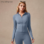 Giacca sportiva da donna con zip intera, maniche lunghe, vestibilità aderente, tessuto elasticizzato ad asciugatura rapida con fori per i pollici per corsa, yoga, palestra, allenamento, abbigliamento sportivo