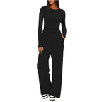 Completo da Casa da Donna Tinta Unita con Arricciature e Coulisse, Top Casual a Maniche Lunghe con Scollo Rotondo e Pantaloni a Gamba Larga con Tasche, Pigiama da Donna per Tutte le Stagioni