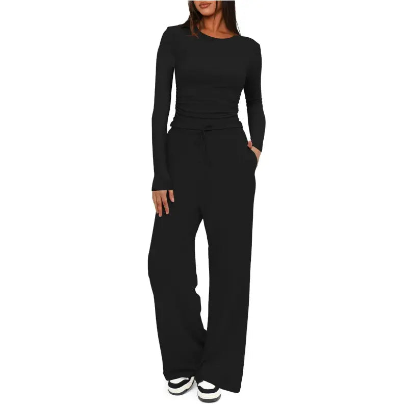 Completo da Casa da Donna Tinta Unita con Arricciature e Coulisse, Top Casual a Maniche Lunghe con Scollo Rotondo e Pantaloni a Gamba Larga con Tasche, Pigiama da Donna per Tutte le Stagioni