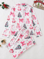Ensemble deux pièces de pyjama pour femme, imprimé de Noël, avec chemise boutonnée à poche et pantalon à taille élastique, pyjama décontracté et confortable avec haut à manches longues et col, ensemble de pyjama pour femme, pour le printemps et l'automne
