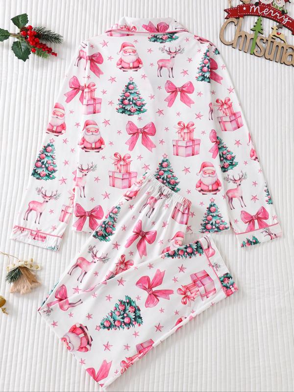 Ensemble deux pièces de pyjama pour femme, imprimé de Noël, avec chemise boutonnée à poche et pantalon à taille élastique, pyjama décontracté et confortable avec haut à manches longues et col, ensemble de pyjama pour femme, pour le printemps et l'automne
