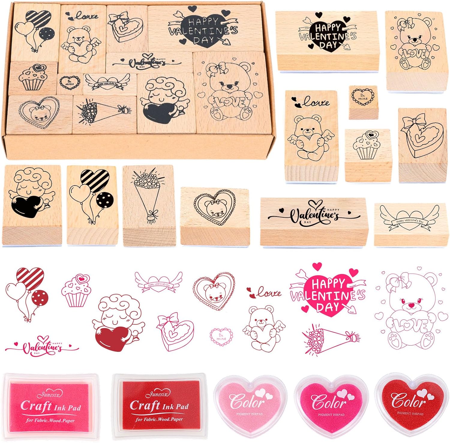17 Pcs Valentine Wooden Rubber Stamps and Craft Ink Pads DIY Craft Card Stamps Pads for Scrapbooking Kids Art Project Paper Wood Fabric Advent Holiday Stamps
