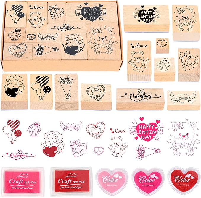 17 Pcs Valentine Wooden Rubber Stamps and Craft Ink Pads DIY Craft Card Stamps Pads for Scrapbooking Kids Art Project Paper Wood Fabric Advent Holiday Stamps