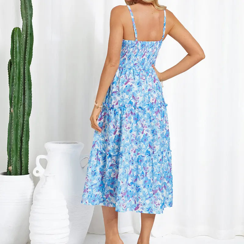 Robe longue bohème décontractée pour femme - Robe d'été à bretelles spaghetti smockée à volants avec poches, grande taille, vêtements bohèmes pour femme