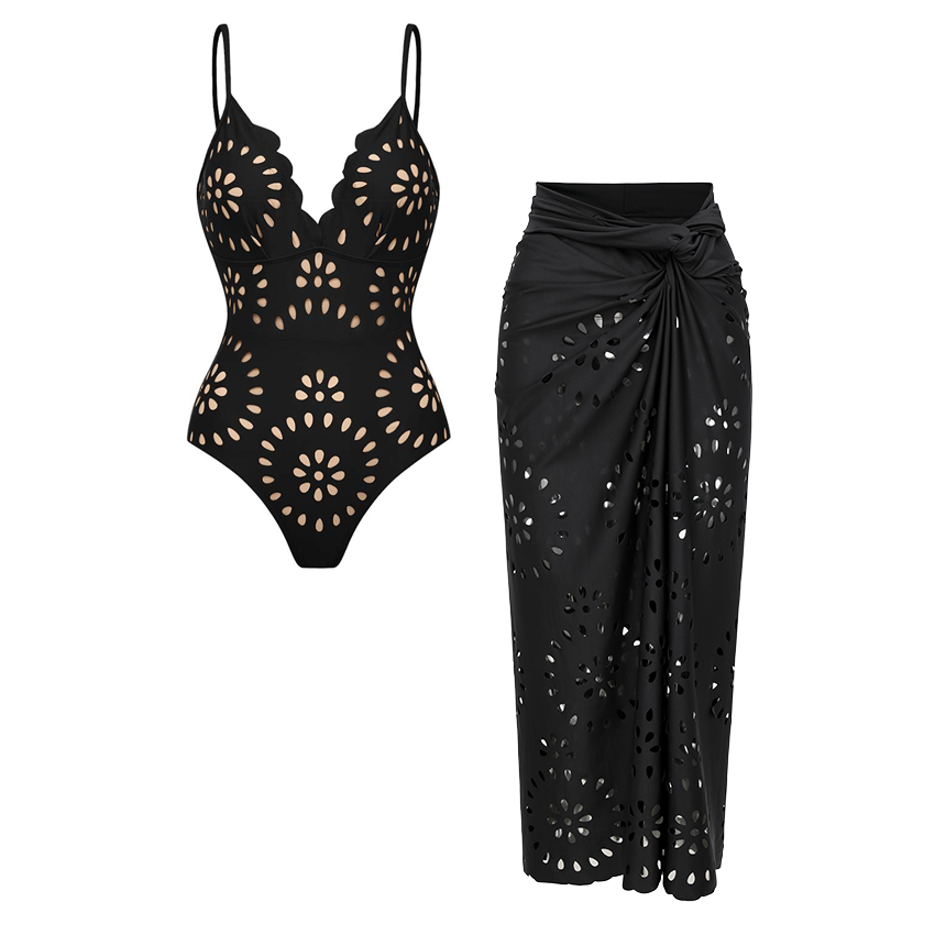 Costume Intero e Gonna Neri con Intagli Floreali a Laser