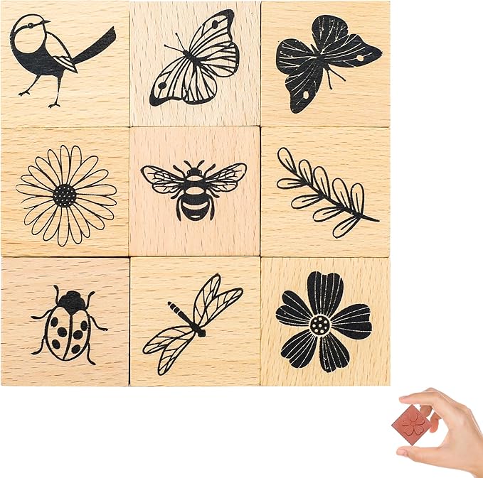 9 PCS Vintage Wooden Rubber Stamps, Wood Stamps for Crafting Pattern of Butterfly Bird Ladybird Flower Plant, Ink Rubber Stamp Set for Scrapbooking, DIY Art and Journals