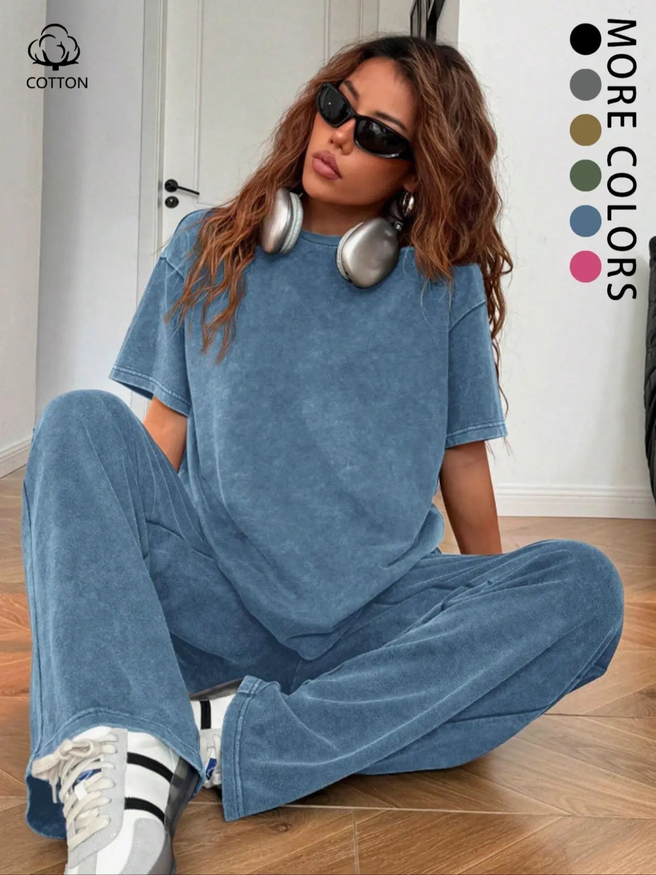 Ensemble deux pièces décontracté pour femme, t-shirt ample à manches courtes en coton délavé et pantalon long, toutes saisons, style uni