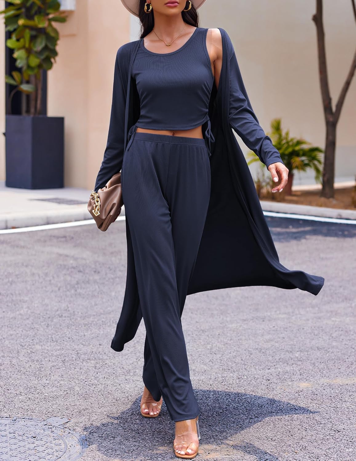 Ensemble de pyjama 3 pièces pour femme - Cardigan à manches longues, débardeur et pantalon de survêtement