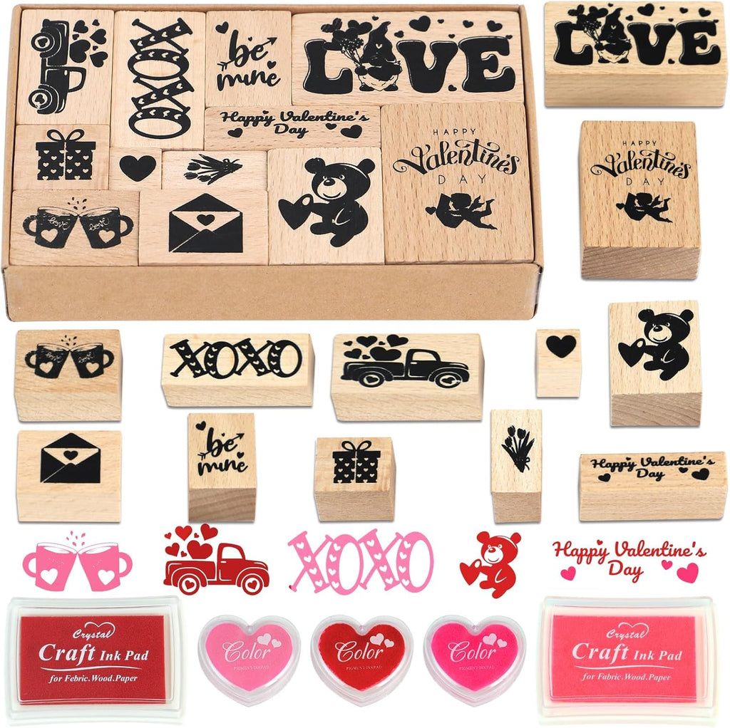 17 Timbri in gomma di legno per San Valentino e tamponi di inchiostro artigianale Tamponi per timbri per carte fai da te per scrapbooking Progetto artistico per bambini Carta Legno Tessuto Timbri per l'Avvento e le festività