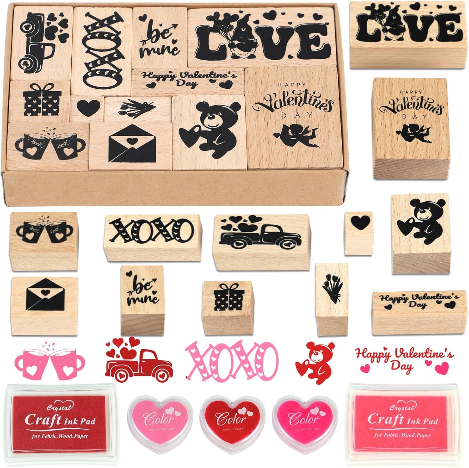 17 Pcs Valentine Wooden Rubber Stamps and Craft Ink Pads DIY Craft Card Stamps Pads for Scrapbooking Kids Art Project Paper Wood Fabric Advent Holiday Stamps