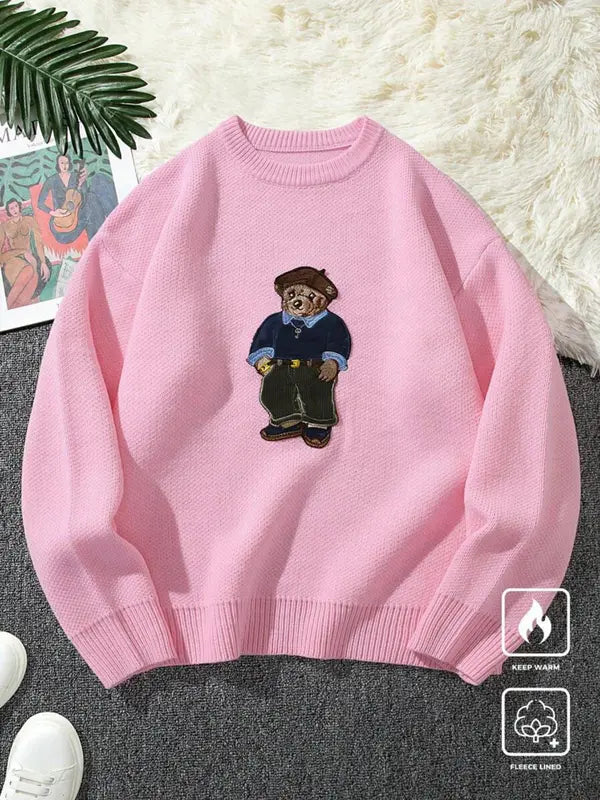 Maglione girocollo unisex con stampa orsetto dei cartoni animati, maglione casual ampio a maniche lunghe per autunno e inverno, maglieria moda da donna per l'uso quotidiano