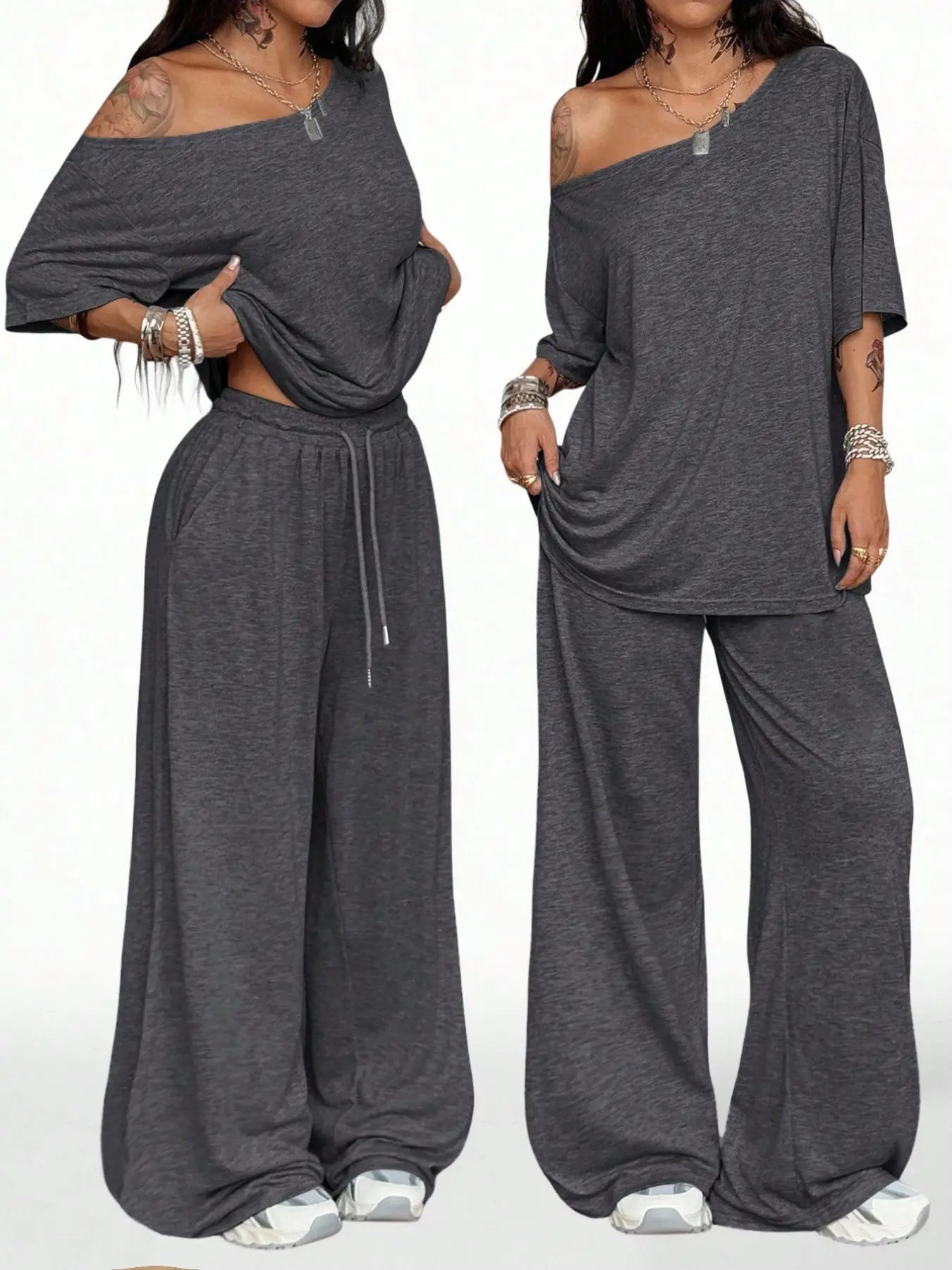 Ensemble deux pièces décontracté de sport de couleur unie pour femme, pantalon long ample et costume à col oblique à jambes larges, mode printemps et automne.