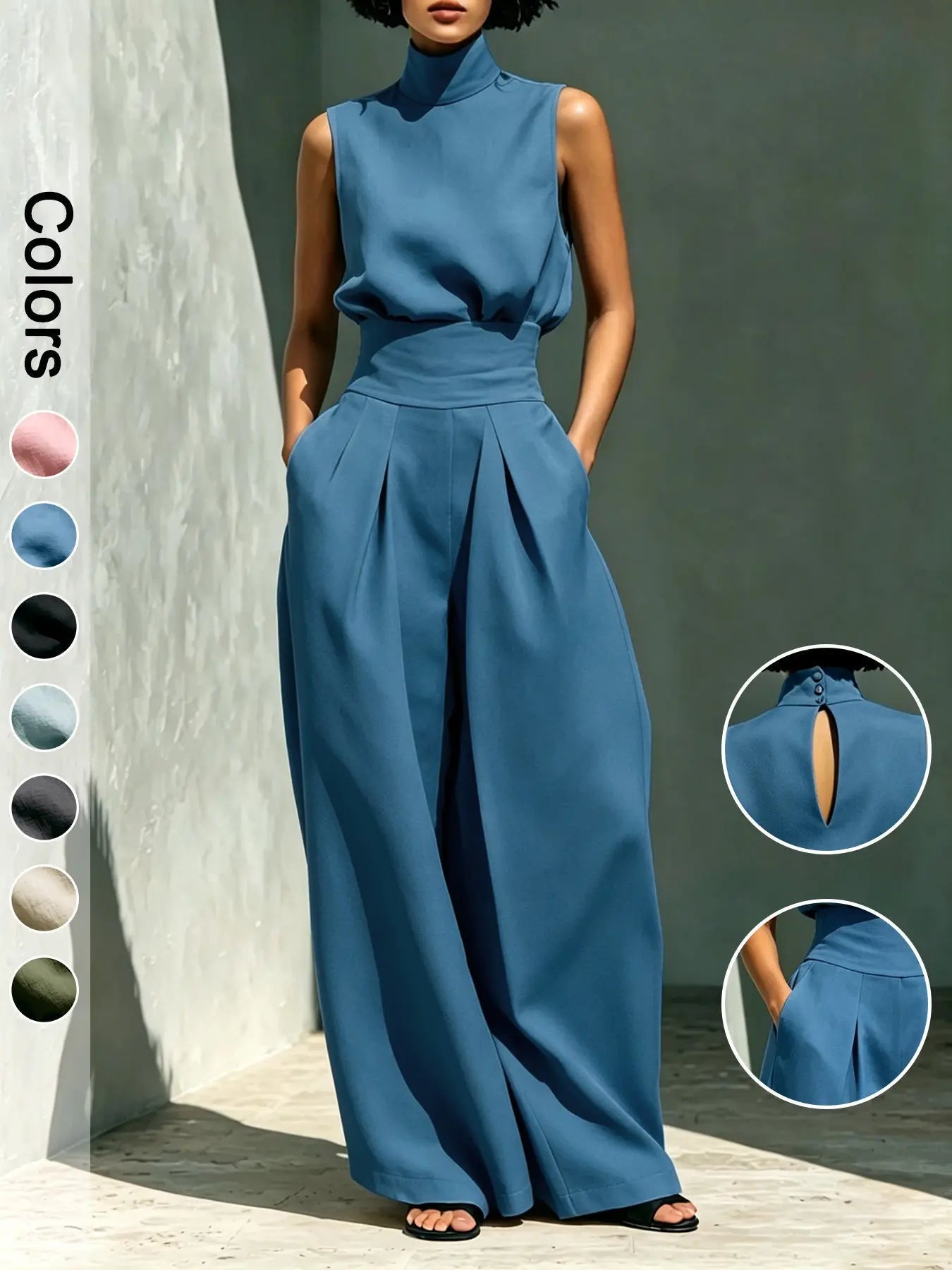 Ensemble deux pièces pour femme, haut sans manches à col montant et pantalon long, ensemble élégant avec pantalon large taille haute, tenue tendance pour femme