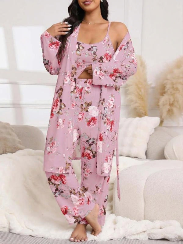 [Taglie Forti] Completo Pigiama Tre Pezzi con Stampa Floreale, Vestaglia con Cintura, Top con Spalline e Pantaloni a Vita Elasticizzata