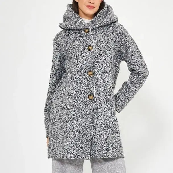 Cappotto con cappuccio e bottoni da donna per l'autunno/inverno, elegante e versatile, adatto a varie occasioni.