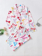 Ensemble deux pièces pyjama femme, chemise imprimée à nœud avec boutons et poches, et pantalon à taille élastique, décontracté et confortable, haut à manches longues et col à revers, et pantalon de pyjama
