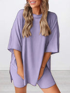 Ensemble T-shirt uni et short moulant pour femme, vêtement de nuit décontracté d'été à col rond, confortable, avec poches, pour l'extérieur