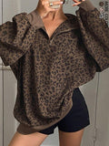 Sweat-shirt décontracté à manches longues et imprimé léopard, avec fermeture éclair à l'avant, Vêtements d'automne