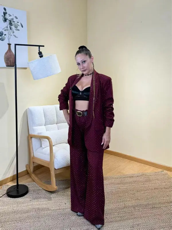 Completo Giacca e Pantaloni con Micro Paillettes, Set 2 pezzi con cintura, Taglia Unica Donna, Elegante e Versatile