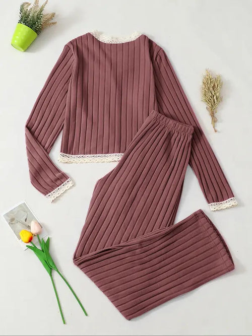 Ensemble de Pyjama Col V Manches Longues Femme, Vêtements de Nuit Ajustés Décontractés pour Toutes les Saisons, Tenue d'Intérieur Élégante, Nouveauté 2 Pièces