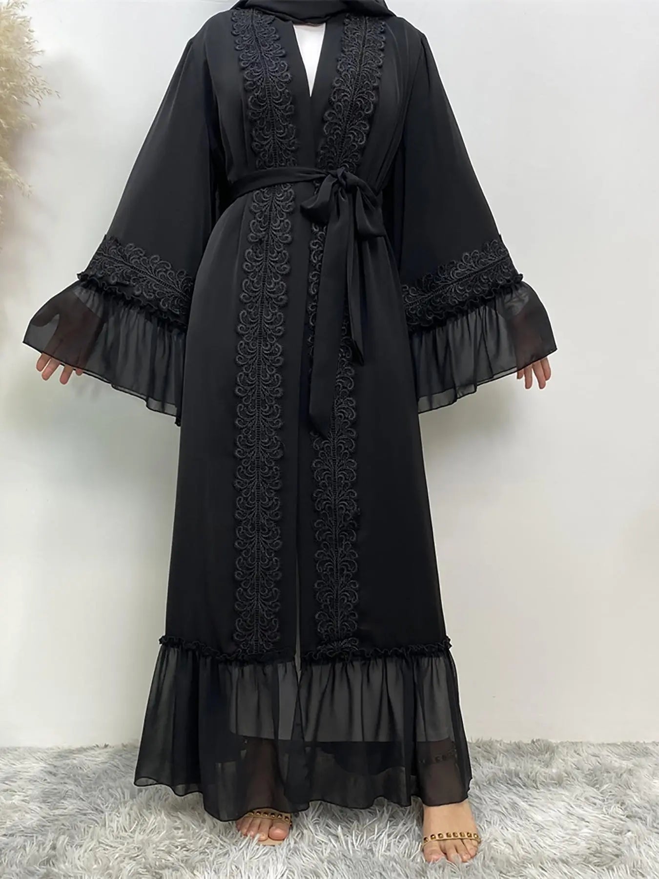 Abbigliamento Arabo - Abaya Cinghiata con Pizzo a Contrasto senza Hijab, Abiti Estivi, Abito a Maniche Lunghe con Volant alla Moda Araba, Abbigliamento Abaya Modesto per Donna, Abaya Islamica