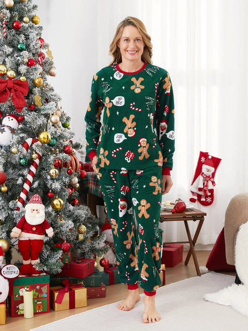 Pyjamas de Noël assortis pour toute la famille, en polaire, motif bonhomme en pain d'épices, ensembles de pyjamas à manches longues avec chaussettes de Noël Vert foncé