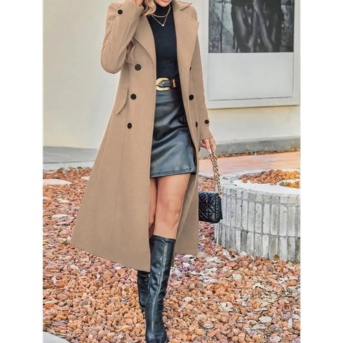 Manteau mi-long en laine mélangée d'hiver pour femme avec revers cranté et double boutonnage, manteau en laine unie à double bouton pour femme, manteau long élégant à manches longues pour femme, gris