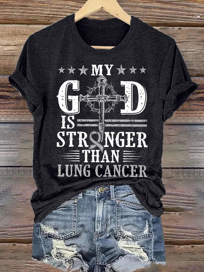 Women'S Casual Long-Sleeve Printed T-Shirt "God Is More Powerful Than Lung Cancer"