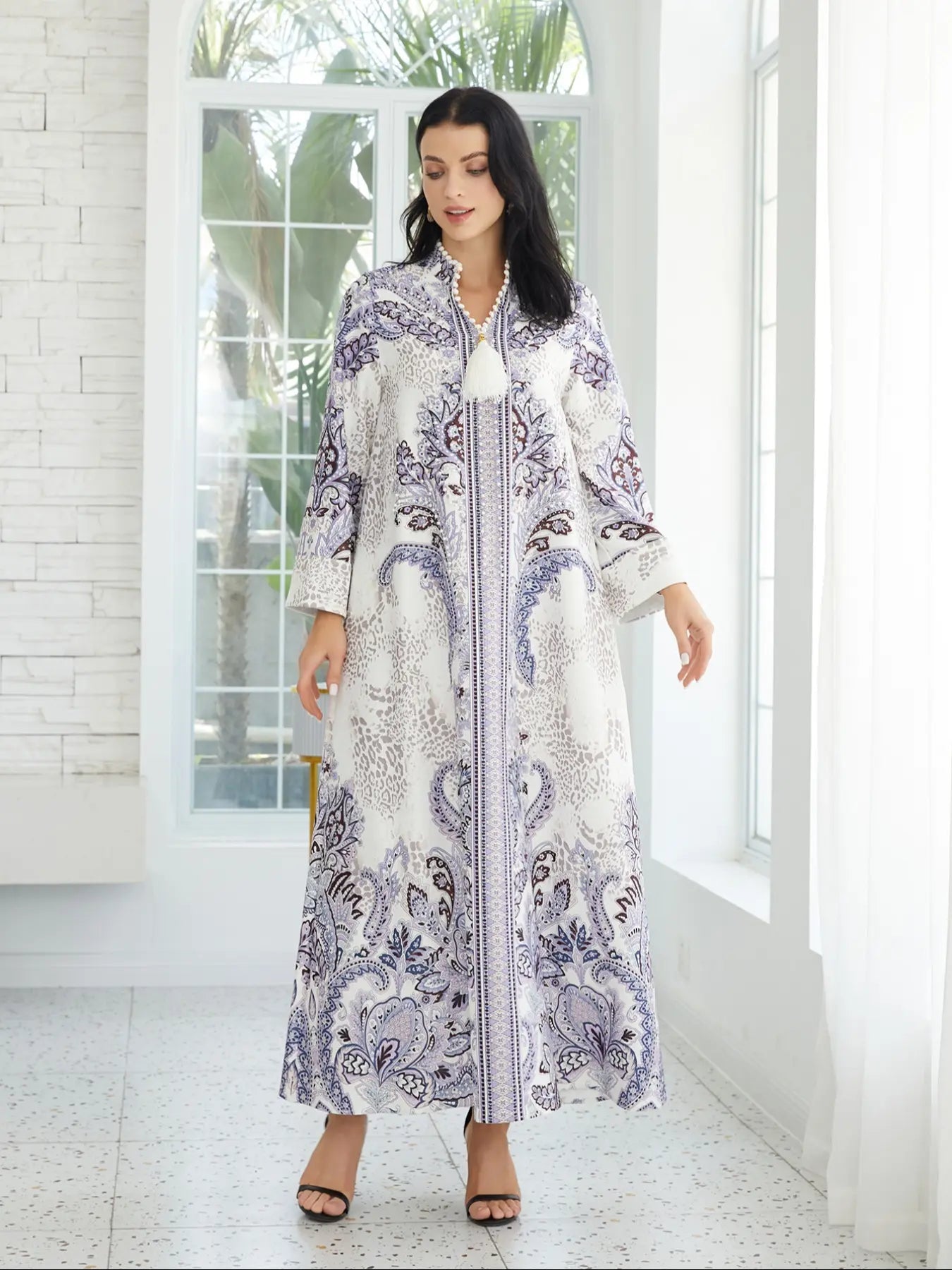 Vestito Lungo da Donna Scollo a V, Jalabiya A-line Vestibilità Morbida per Tutte le Stagioni, Morbido Tessuto Elasticizzato 75D, Elegante Abbigliamento Arabo